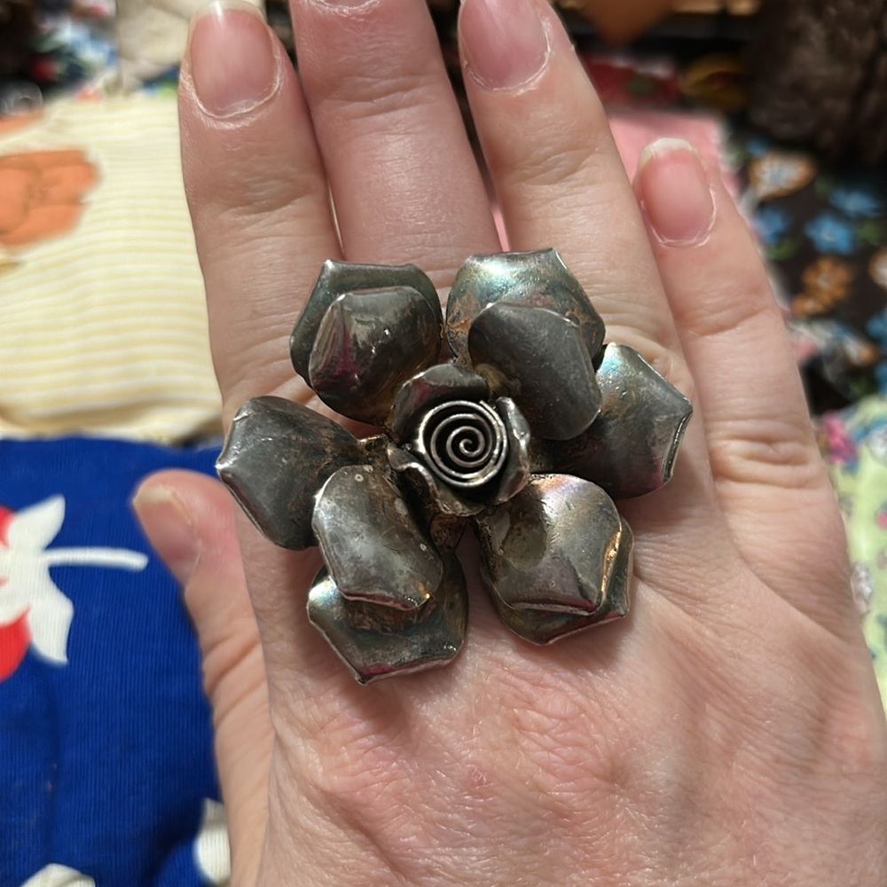 Vintage Sterling Silver 6k Thailand HUGE Rose Flower Adjustable Ring - Picture 2 of 16